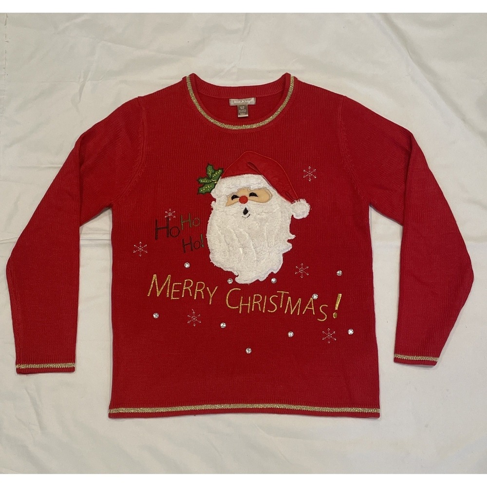 Vintage Applique Santa Face Christmas Sweater Red Merry Christmas S (4-6)